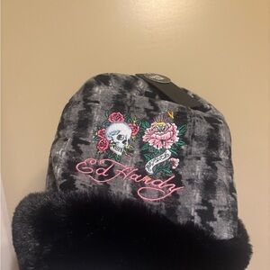 Ed Hardy Black Gray Velvet Beanie with Pink Embroidered Logo